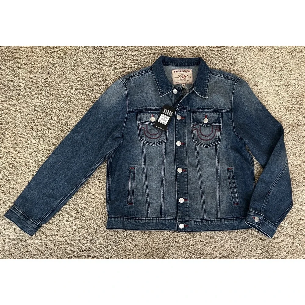 True Religion Jacket Mens X-Large Blue Quartz Wash Denim Red Stitching NWT